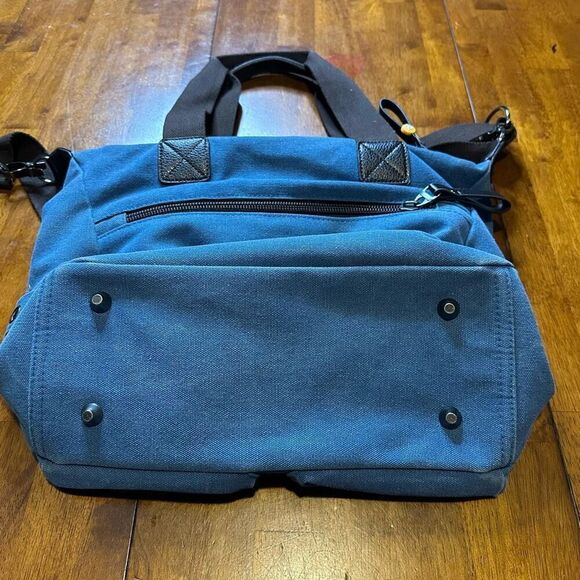 TaoMaoMao Blue Canvas Shoulder Bag Tote Brown Straps Trim Work Travel Bag 15x12” - Picture 4 of 11